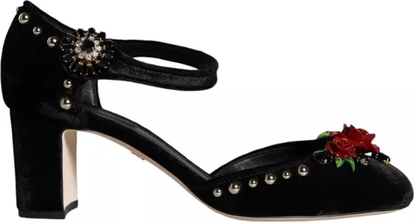 Black Velvet Roses Ankle Strap Pumps Shoes