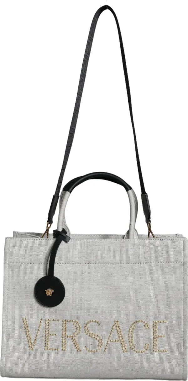 White Top Handle Canvas Leather Logo Crossbody Tote Bag