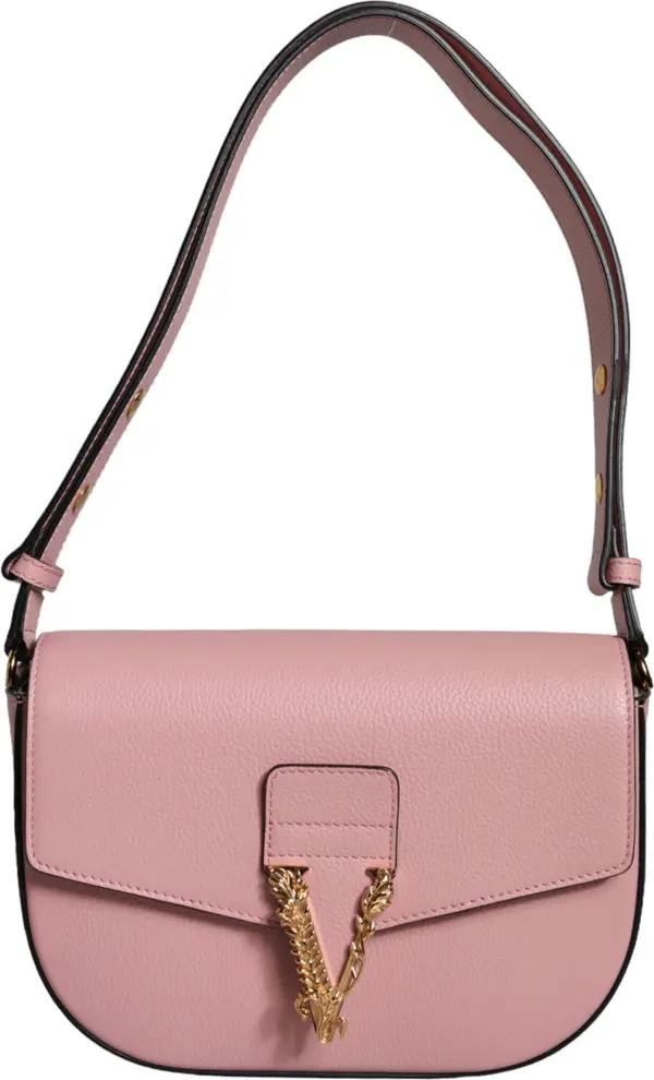 Pink Grainy Calf Leather Logo Crossbody Shoulder Bag