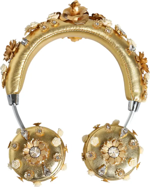 Gold Leather Floral Crystal Angel Headphones