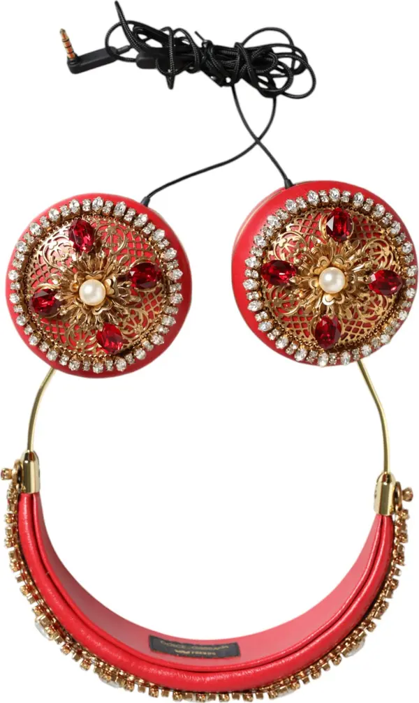 Red Nappa Leather Floral Crystal Headphone