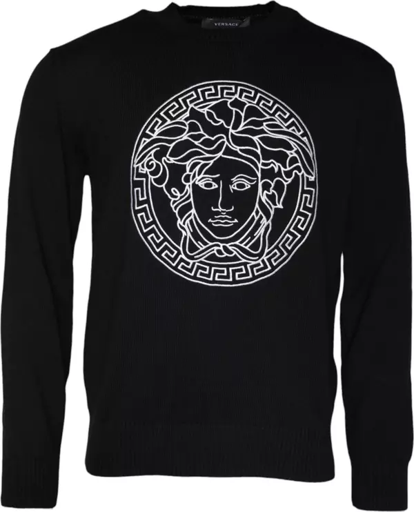 Black Medusa Embroidery Crew Neck Pullover Sweater