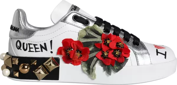 White Leather Floral Studded Sneakers Shoes