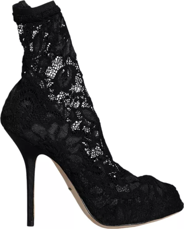 Black Lace Stretch Heels Mid Calf Boot Shoes