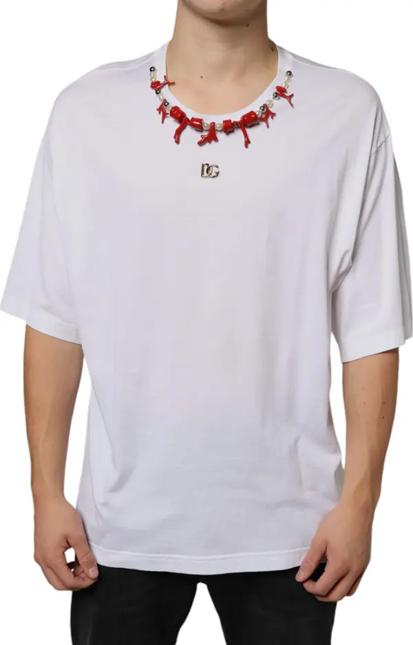 White Cotton Necklace Embellished T-shirt