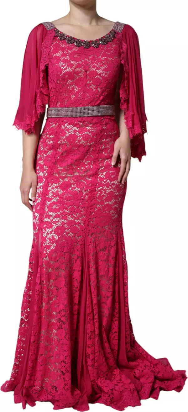 Pink Lace Crystal Sheath Long Gown Dress