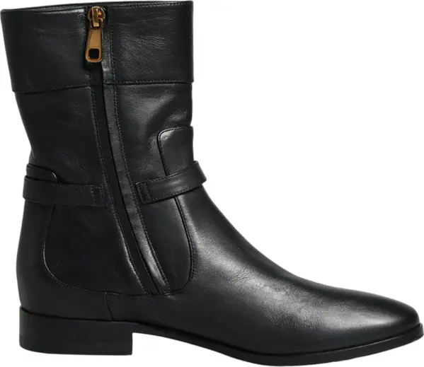 Black Leather Logo Mid Calf Boots Shoes