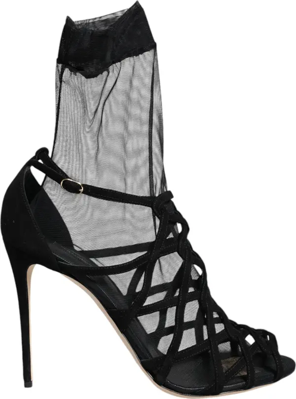 Black Tulle Stretch Heels Sandals Shoes