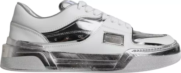White Silver Leather Low Top Sneakers Shoes