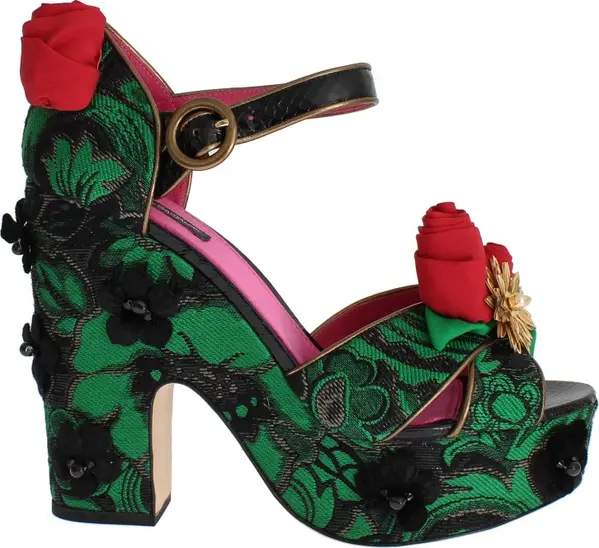 Green Brocade Snakeskin Roses Crystal Shoes