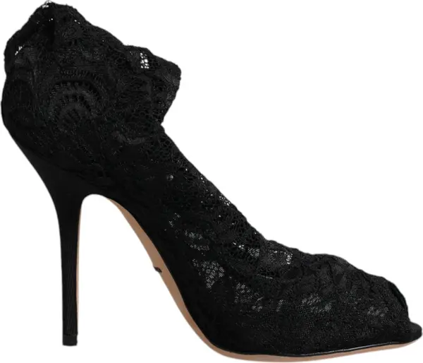 Black Lace Stretch Heels Mid Calf Boots Shoes