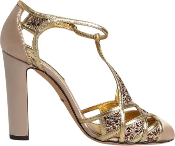 Beige Crystal Embellished Satin Leather Pumps Shoes