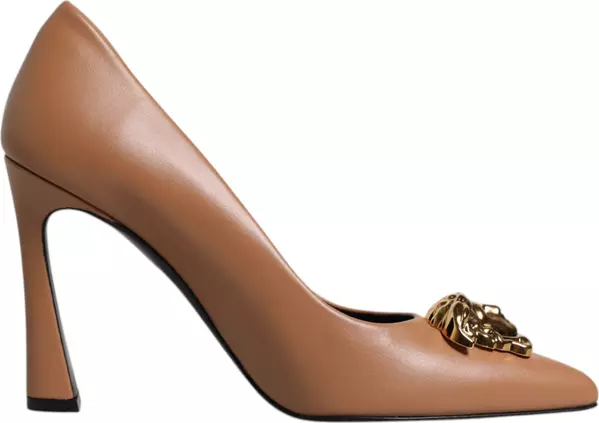 Brown Leather Logo Plaque High Heels Pumps Shoes
