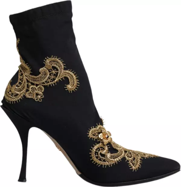 Black Gold Embroidery Slip On Boots Shoes