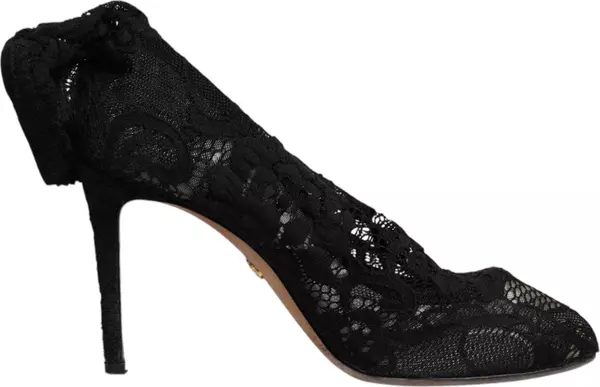 Black Lace Stretch Heels Mid Calf Boots Shoes
