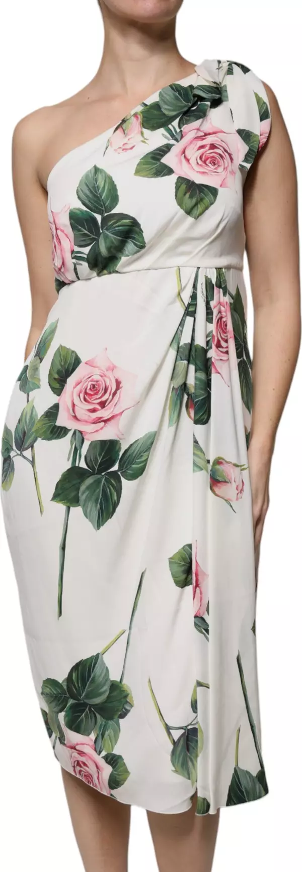 White Floral Silk One Shoulder Midi Dress