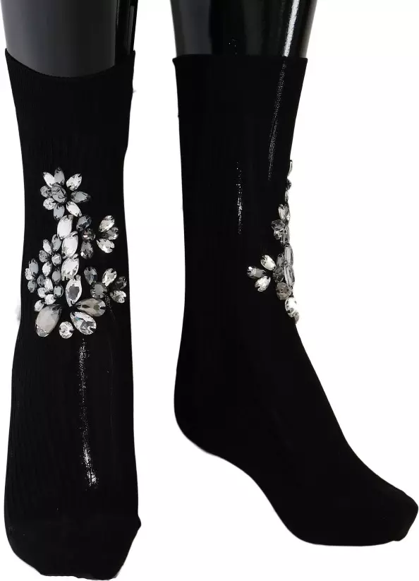 Black Knitted Floral Clear Crystal Socks