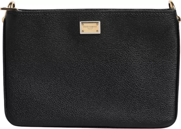 Black Grain Leather Logo Plaque Clutch Bag