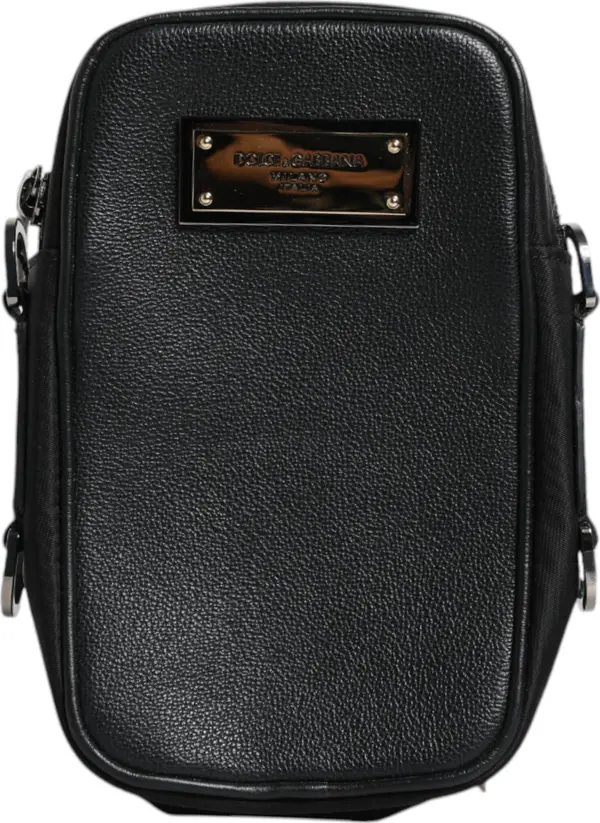 Black Grain Leather Logo Plaque Clutch Bag