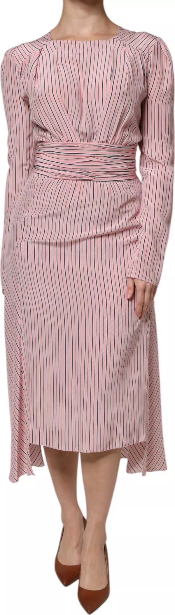 Pink Stripes Silk Long Sleeves Midi Dress