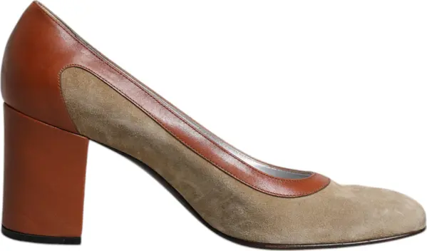 Beige Brown Leather Block Heels Pumps Shoes