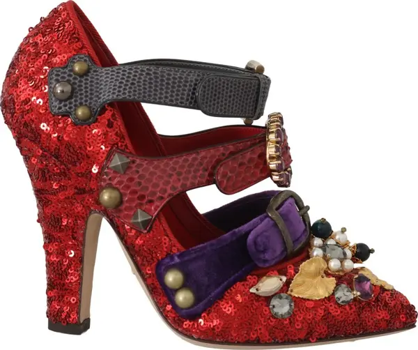 Red Sequined Crystal Studs Heels Shoes