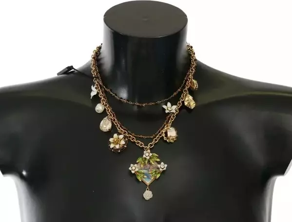 Gold Brass Crystal Floral Statement Charms Necklace