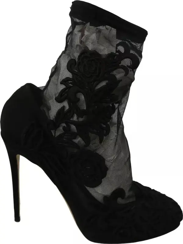 Black Tulle Stretch Floral Booties Shoes