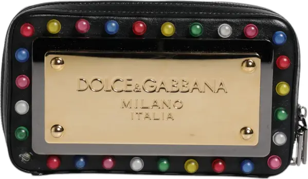 Black Leather LED Logo Wrist Strap Clutch Bag