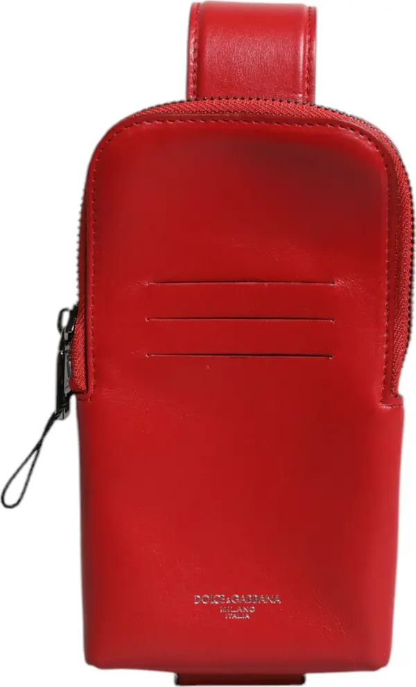 Red Leather Logo Zip Around Card Holder Wide Strap Wallet