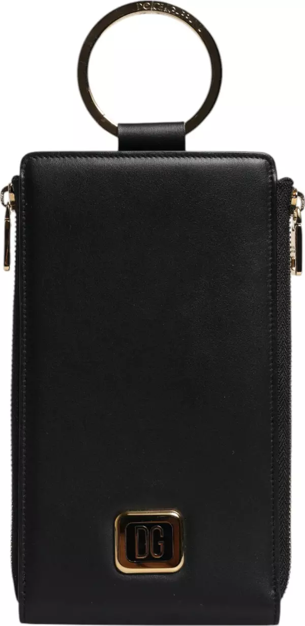 Black Leather Logo Plaque Neck Strap Card Coin Wallet