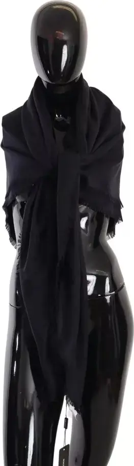 Black Solid Silk Wool Fringe Wrap Scarf