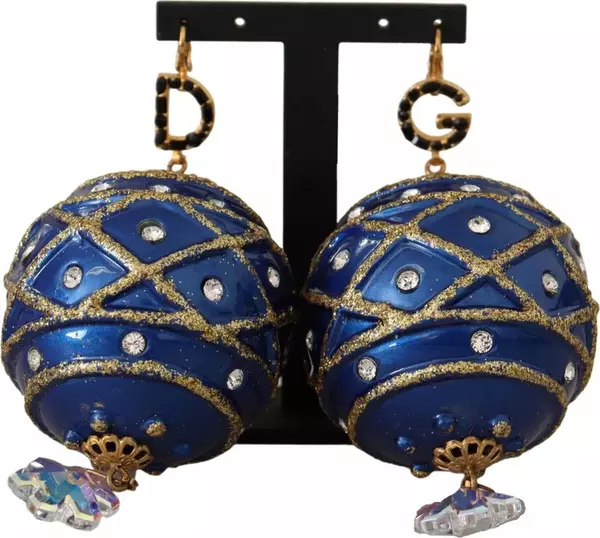Gold Brass Blue Christmas Ball Crystal Hook Jewelry Earrings