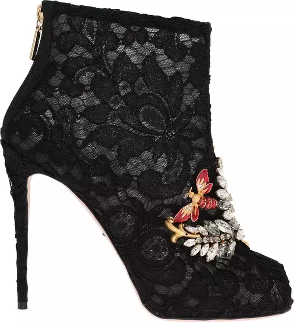 Black Crystal Lace Booties Stilettos Shoes