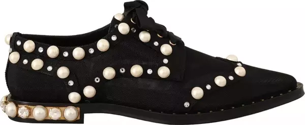 Black Lace Up Jewelled Formal Flats Shoes