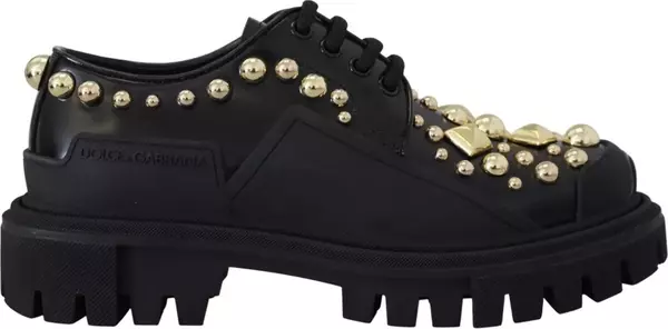 Black Leather Trekking Derby Embellished Shoes