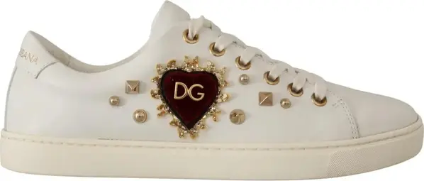 White Leather Gold Red Heart Sneakers Shoes