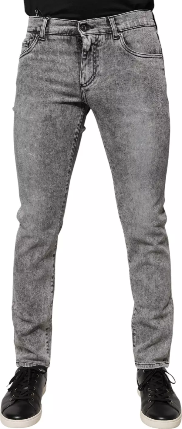 Gray Logo Plaque Cotton Slim Fit Denim Jeans