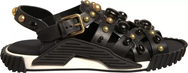 Black Leather Studded Slides Sandals Shoes