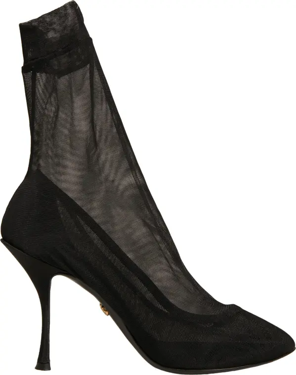 Black Silk Mesh Sock Style Heels Boots Shoes