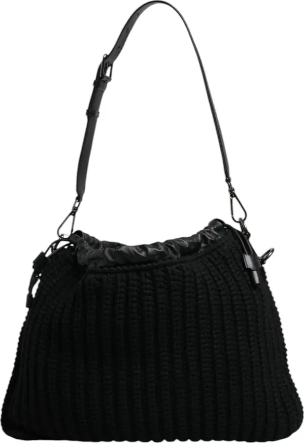 Black Cashmere Knitted Leather Shoulder Bag