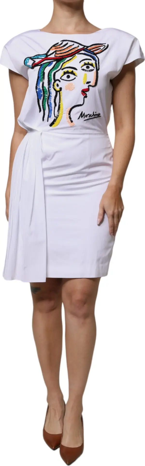 White Printed Viscose Sheath Mini Dress