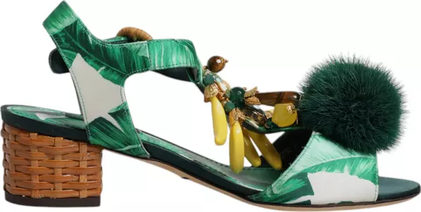Green Crystal Fur Embellished Sandals Shoes