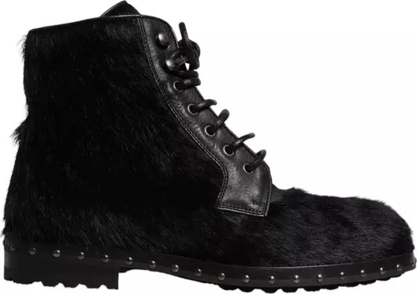 Black Pony Style Leather Mid Calf Boots Shoes