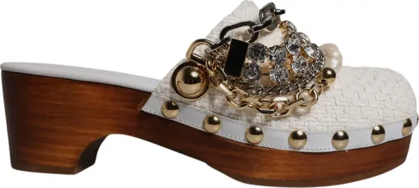 White Raffia Clogs Bejeweled Chain Sandals Shoes