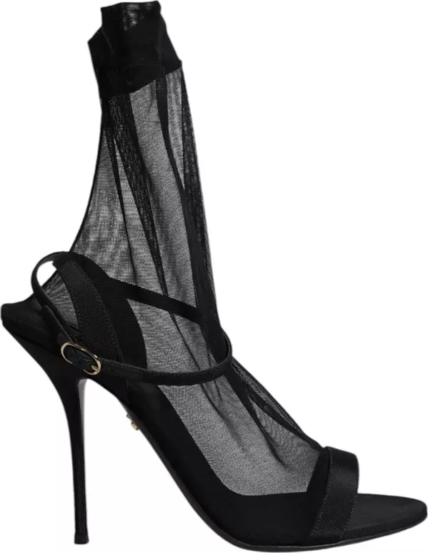 Black Tulle Stretch Heels Sandals Shoes