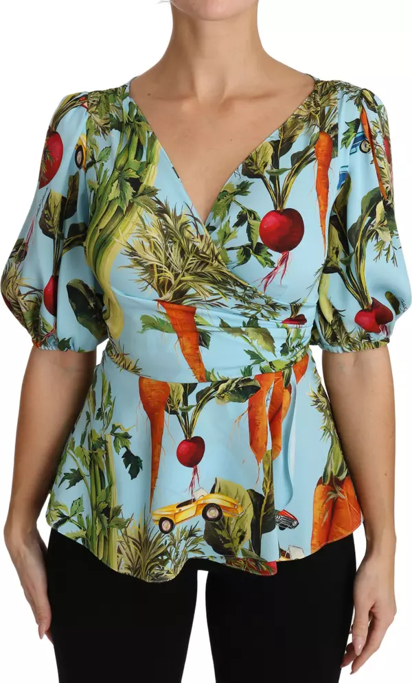 Multicolor Vegetable Print Silk Top Peplum Wrap Blouse