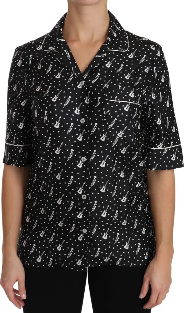 Black GuitarTrumpet Print Silk Shirt Top