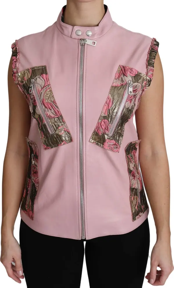 Pink Zippered Lamb Sleeveless Vest Leather Jacket