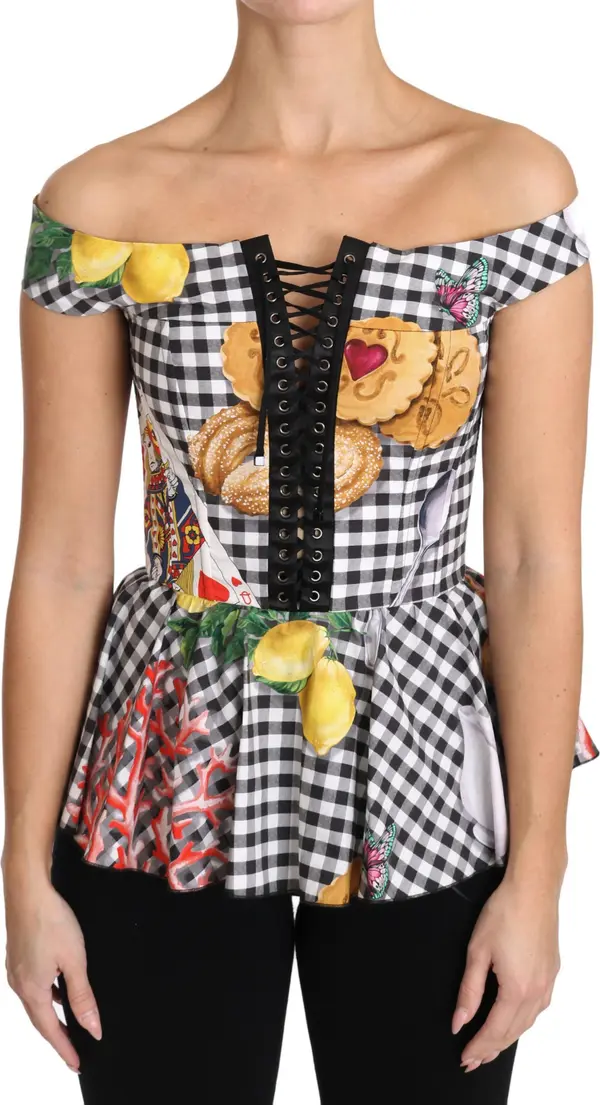 Black and White Corset Blouse Sicily Lemon Check Top